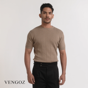 VENGOZ Kaos Rajut Pria Premium - Mens Striped Knitted T-Shirt Cotton Light Brown SS