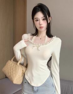Long Sleeve Thermal T-Shirt Womens Short Style Inner Wear Butterfly Knot Dervo Lace Top Sweet Japanese Style U-Neck Winter Ins