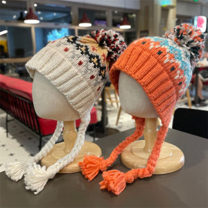 Mũ Len Trẻ Em Dày Dặn Giữ Ấm Tai Mùa Thu Đông Phong Cách Dân Tộc Dễ Thương Có Thắt Lưng Cho Bé Gái Mũ Trùm Đầu Tròn Không Có Viền