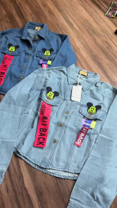 Kemeja Jeans Denim Premium Wanita – Jaket Denim Mickey Bordir Kekinian | Oversize Fit LD 104 PB 55cm