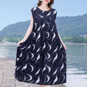 Summer New Style Loose Cotton Silk Dress Floral Print Beachwear Womens Long Sleeve round Neck H-Shape Korean Version Maxi Dress