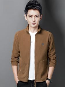 ROMON | Loose Fit Mens Fleece Lined Hoodie Zipper Closure Casual Stand Collar Cardigan Jacket Outerwear Fashion Urban Style Polyester Fiber