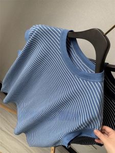 Summer New Loose Cotton Knitted Short Sleeve T-Shirt Womens round Neck Stripe Color Block Casual Versatile Fashion Top