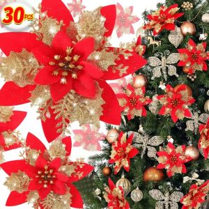 10Pcs Glitter Artificial Christmas Flowers Xmas Tree Ornaments Wedding Party New Year Home Decoration