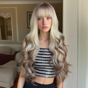 Womens Fashion Mixed Color Bangs Curly 26-28-30 Inch Synthetic Fiber Wigs Heat Resistant Suitable for Daily Wear Cosplay Ha
