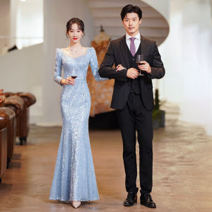 ชุดราตรีหางปลาแขนยาวคอวี ชุดแต่งงาน ชุดราตรี ชุดเดรสผู้หญิง กระโปรงทรงเอ เอวกลาง ฤดูหนาว 2022