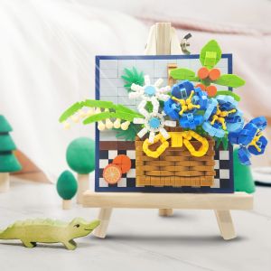 Toy Building Set Flowers Building Block Plant Picture with Beech Wood Easels Artificial Floral Botanical Set Home Office Decor Creative Gift