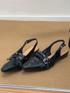 French Style Pointed Riveted Weave Buckle Strap Open Back Wedge Sandals