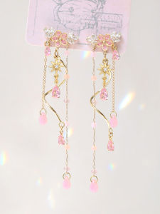 Su Sujialou Pink Rose Mori Fresh Super Fairy Slimming Long Tassel 925 Silver Needle Gold-Plated Stud Earring Eardrops