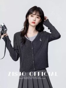 Gray Spliced Long Sleeve V-Neck Knitted Sweater Short Style Womens Fashion Design Spring Autumn New Arrival Korean Style Top