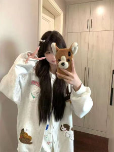 Retro American Dog Towel Embroidered Jacket Womens Spring Autumn Lazy Style Loose Casual Versatile Open Cardigan Coat Trendy