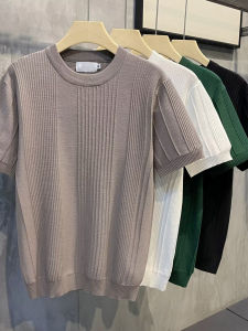 Mens Summer Ice Silk Knitted Short Sleeve T-Shirt round Neck Slim Fit Half Sleeve Fashionable Lightweight Korean Style