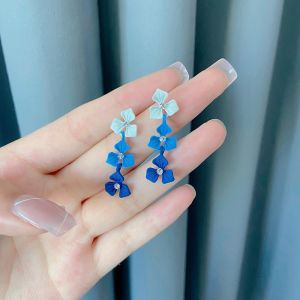 Silver Needle Gradient Blue Flower Vintage Hong Kong Style Super Fairy Atmosphere Earrings New Fashion Trend Drop Earrings