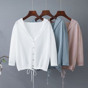 Ice Silk Hemp Knitted Open Cardigan Women Summer Short Hooded Cover up Sun Protection Loose Slimming Thin Outerwear Vacation Trend