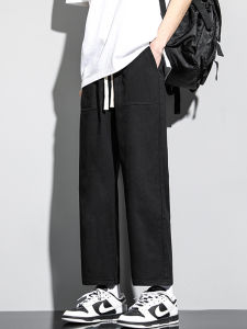 Black Cotton Casual Pants for Men Loose Fit Straight Leg Nine-Tenths Summer Sportswear Trendy American Brand Youthful Vitality Style