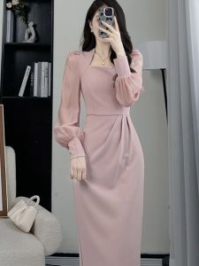 Spring 2024 French Vintage Slimming Midi Dress Square Collar Long Sleeve A-Line Skirt Polyester Fiber Pure Color Commute Style