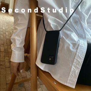 Simple Black Crossbody Lanyard Case Liquid Silicone Full Cover Soft Shell for  13 14 pro 15 pro Max Anti-Fall Protection