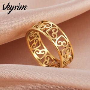 SKYRIM แหวนไทเทเนียมสีทองสำหรับผู้หญิงแหวนแหวนเครื่องประดับลายหัวใจกลวงเป็นของขวัญสำหรับเพื่อน
