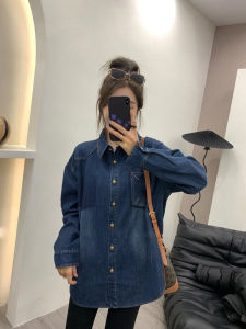 Retro Hong Kong Style Chic Womens Long Sleeve Denim Shirt Casual Loose Fit Spring Autumn Polo Collar Cotton Pure Color Shirt