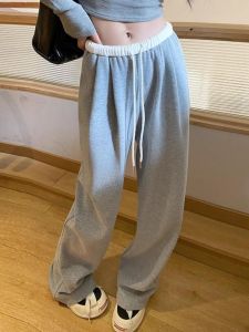 กางเกงกีฬาขายาวเอวสูงทรงหลวมสไตล์อเมริกันสีดำลายตัดต่อสำหรับผู้หญิง กางเกงขายาวทรงตรงลำลองฤดูใบไม้ผลิและฤดูใบไม้ร่วง