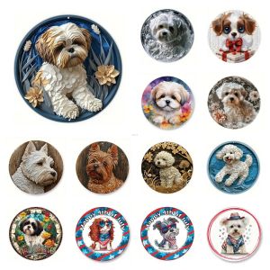Retro Round Metal Tin Signs 2D Flat Cute Dogs Decor Pattern Nostalgic Iron Painting Novelty For Cafe Bar Man Cave Wall Decor