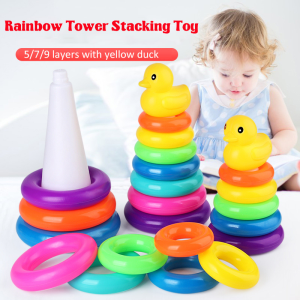 Montessori Toys Yellow Duck Rainbow Tower Stacking Circle Shape Color Size Recognition Babies Game Educational Toys