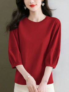 Retro Korean Style Womens T-shirt Three-Quarter Sleeve round Neck Casual Top Age-Reversing Spring Summer Versatile Loose Fit