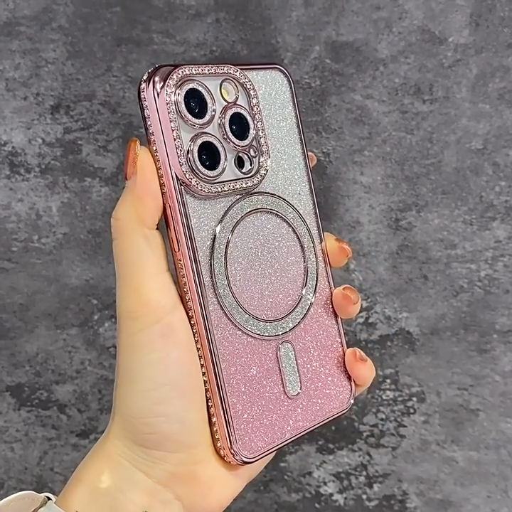 Gradient Silicone case iPhone 11 12 13 14 15 16 Pro max 16 15 14 Plus Magnetic Phone case for iPhone 16 15 14 13 12 11 pro max Glitter Rhinestones Protective case