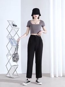 【Ready stock】Women casual pants straight nine-point suit pants Korean style high waist loose pants slimming casual wide-leg seluar S-XL