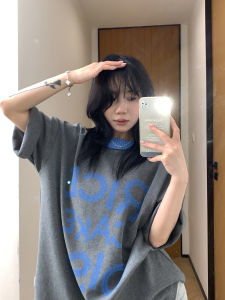 Oversize Casual Style Short Sleeve T-Shirt Womens Chic Lazy Feel Collar Color Block Lace Edge Print Loose Fit Cotton Tee