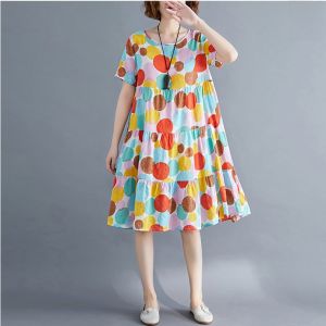 ชุดเดรสแขนสั้นผ้าลินินลายดอกไม้สำหรับผู้หญิงช่วงฤดูร้อนปี 2025 ทรงหลวม กระโปรงทรงเอ ความยาวปานกลาง เดรสทรงเอ