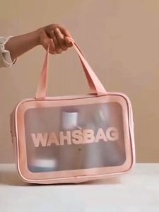 กระเป๋าเครื่องสำอางค์ สีขาว มีหูหิ้วด้านข้าง กันน้ำ สามารถใส่อุปกรณ์อาบน้ำได้ ง่ายสำหรับการพกพา