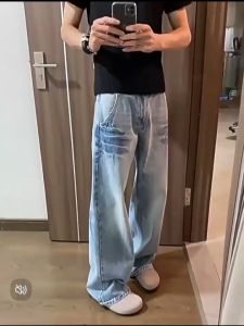 Retro washed blue distressed jeans vibe lightning pattern high street straight flared trousers