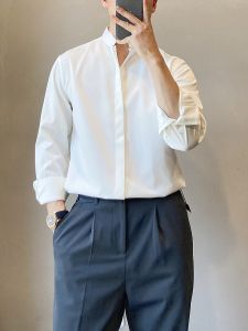 New 2024 Mens White Shirt Chinese Style Long Sleeve Stand Collar Loose Thin Fashion Business Casual Cotton Pure Color Shirt