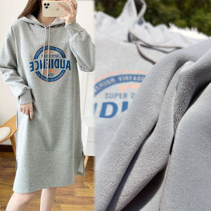 ผ้าขนแกะ ชุดคลุมท้องเรียงราย เดรส เสื้อฮู้ด ยาวเหนือเข่าหนา อุ่น ฤดูหนาว เสื้อผ้าให้นมแฟชั่นสําหรับผู้หญิงสูง ผ้าฝ้าย วัสดุ