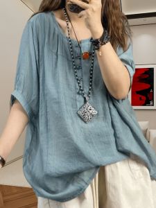 Áo Sơ Mi Nữ Thời Trang Mùa Hè 2024 Áo Thun Tay Lửng Mỏng Màu Trơn Dáng Rộng Thoải Mái Chống Lão Hóa Áo Thun Cổ Chữ V