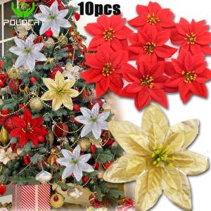 10/1pcs Glitter Artificial Flowers Velvet Large Christmas Flowers Ornaments Festive Celebration Xmas New Year Party Decorations