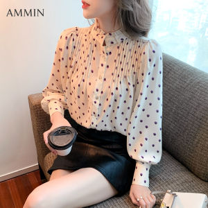 Ammin cá tính thời trang Hàn Quốc Polka Dot Ruffle đường viền cổ áo ren bong bóng tay áo dài áo voan cho phụ nữ
