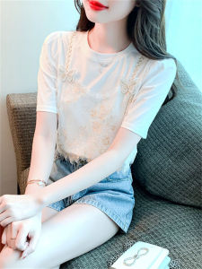 Summer Pure Cotton Unique Womens T-shirt Short Sleeve Fashionable Quality Small Size Stylish Top Commute Straight Cut Lace Splice round Neck