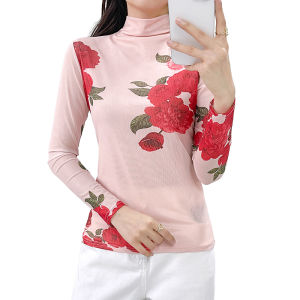 REHIN Womens Mesh V-Neck 3D Floral Prints Long Sleeve T-shirt Slim Fit Stretch Autumn Winter Fashion Blouse