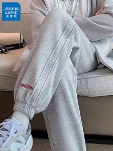 Jeanswest Grey Casual Long Pants Womens Spring Autumn Winter Loose Large Size Sports Trousers Straight Leg Cotton Polyester Blend