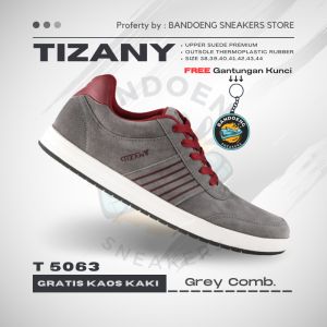 TIZANY x BANDOENG SNEAKERS - Sepatu Sneakers Casual Pria Terbaru Tizany T 5063 Abu Kombinasi Merah - Free Kaos Kaki