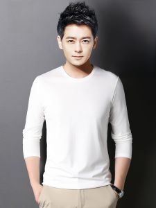 ROMON | เสื้อยืดแขนยาวผู้ชาย ทรงเข้ารูป คอตั้ง สีพื้น แฟชั่นฤดูใบไม้ผลิ ผ้าไหมมัลเบอร์รี่ ลำลอง เสื้อเชิ้ตทรงพอดีตัว