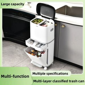 Large capacity multi-function multi-layer classified trash can with foot pedal and pulley storage for kitchen use.