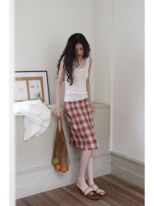 Summer Versatile 100% Linen Weave Pattern High Waist Split Midi A-Line Skirt Vintage Large Checkered Wrap around Skirt