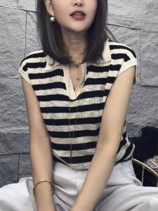 QINGNAER | Black and White Stripe Semi Open Collar Sleeveless Lightweight Knit Sweater