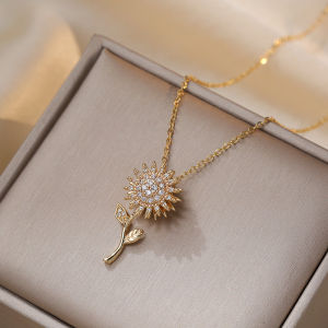 Double Layer Rotatable Sunflower Flower Necklace for Girls Versatile High-end Luxury Stainless Steel Gift