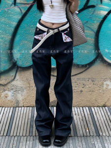 Retro American Design Floral Patchwork Denim Pants High Waist Straight Leg Floor-Length for Women Spicy Style Outdoor All Seasons