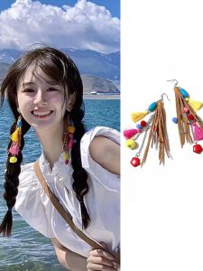 Bohemian Style Colorful Ball Earrings Travel Photography Accessories Yang Ying Ethnicity Ear Jewelry Womens Fashion Accessories