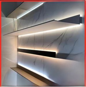 Modern Minimalist Aluminum Alloy LED Lighted L-Shaped Metal Shelf Storage Rack Bookcase Wall Mounted Display Organizer